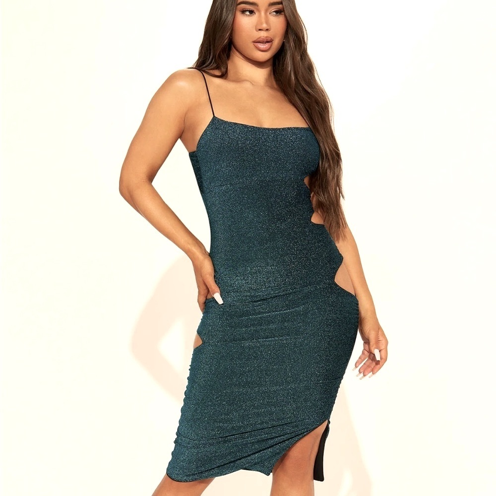 Fashion Nova Teal Sparkle Midi Dress with Cutouts
